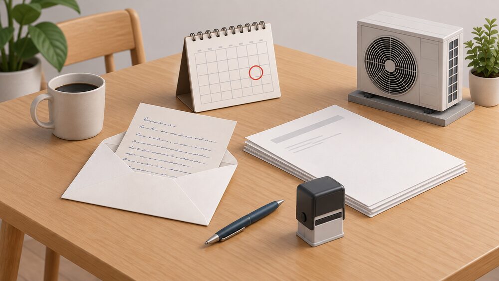 A kitchen table with a handwritten complaint letter in an open envelope beside blank official-looking paperwork, a calendar with a circled date, a stamp, and a small model of a heat pump standing at the edge, suggesting a household preparing to escalate a complaint about an installer.