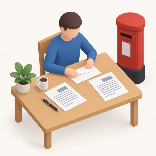 A person at a home table sealing an envelope containing a printed complaint letter about an installation, with a second copy of the letter kept on the table beside a pen, ready to post by a method that produces a record of delivery.