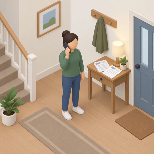 A simplified isometric householder standing in a home hallway holding a telephone to their ear, with a printed complaint letter and installer paperwork resting on a small table beside them, showing the step of phoning the consumer code after the installer has failed to resolve the complaint.