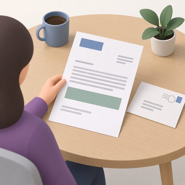 A printed deadlock letter lying on a household table, held at one corner by a person's simplified hand, with blank lines and plain colour blocks standing in for its text and a dated envelope beside it.