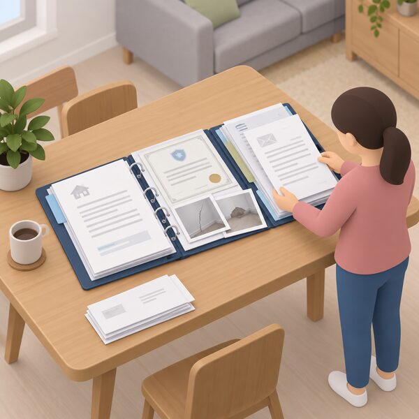 An open ring binder file lying on a household table, holding a contract sheet, a certificate, printed photographs of a defect and letters of correspondence, with a small isometric figure arranging the papers in order.