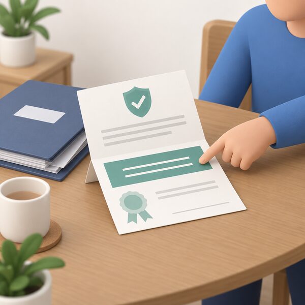 A folded insurance backed guarantee certificate lying on a household table beside a boiler installation paperwork folder, its provider name area shown as a plain colour band with blank lines, with a simplified figure's hand pointing to that band as the contact when the installer has ceased trading.