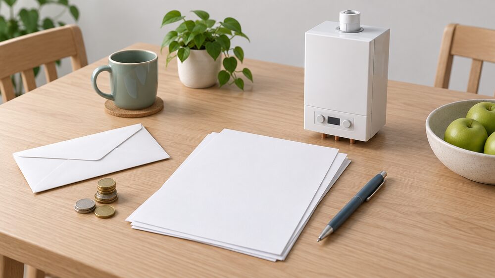 A kitchen table with blank contract paperwork, a sealed envelope, a small stack of coins and a small model of a wall-mounted boiler standing beside the papers, suggesting a householder preparing a complaint about faulty installation work.