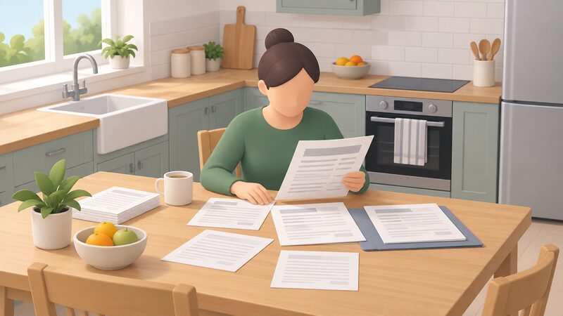 A householder seated at a kitchen table reading a printed installation contract, with further paperwork spread out around it, one hand resting on the page as they check the terms.