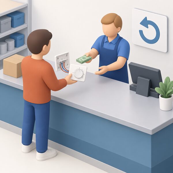 A homeowner at a trade counter hands back a faulty room thermostat removed from their central heating installation, its back plate and wiring visible, receiving a full refund across the counter under the 30-day right to reject.
