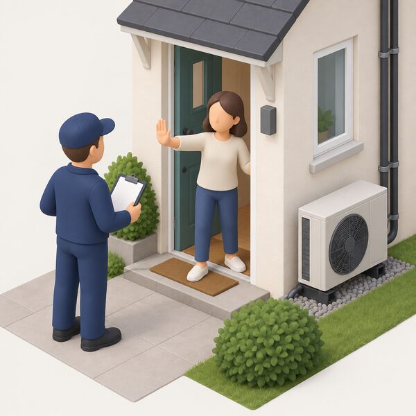 A householder standing at their front door gestures rejection toward an installer holding a clipboard, with a recently installed heat pump and pipework visible on the outside wall behind them, showing the consumer indicating to the trader that they reject the product.