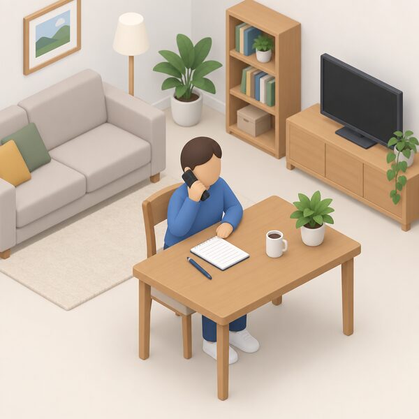 A simplified isometric householder sits at a table in a home living room telephoning the Citizens Advice consumer service on a cordless phone, with a notepad of blank lines and a pen beside them, showing the act of reporting a trader to Trading Standards.
