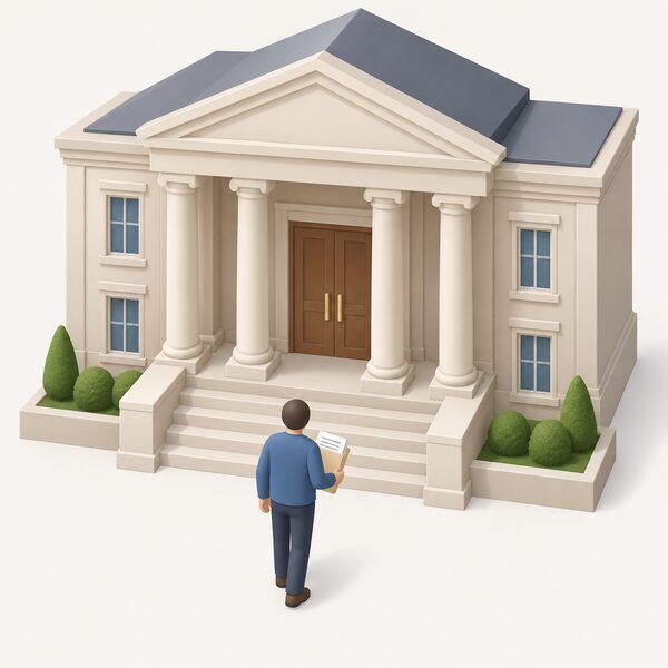 A simplified isometric figure of a householder in plain clothing standing before the entrance steps of a small county court building, holding a paper folder of documents, with the classical columned facade and entrance doors drawn plainly and no signage or wording anywhere.