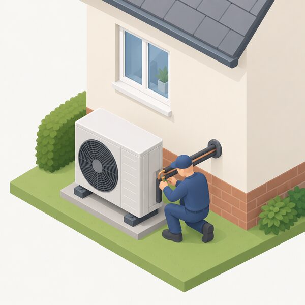 An MCS certified installer, shown as a simplified isometric figure in plain work clothing, fits an air source heat pump unit outside a house, connecting it with pipework through the external wall while working at the unit's side.