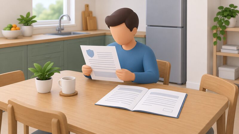 A householder seated at a kitchen table holds a deposit and stage payment protection certificate while reading it alongside the installation contract laid open beside it, both documents shown with blank lines and plain blocks instead of readable words.