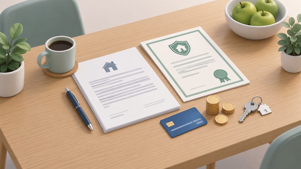 A kitchen table with a blank contract and a deposit protection certificate lying beside a credit card, a small stack of coins and a house key, showing the moment a householder checks the paperwork before paying an installer's deposit.