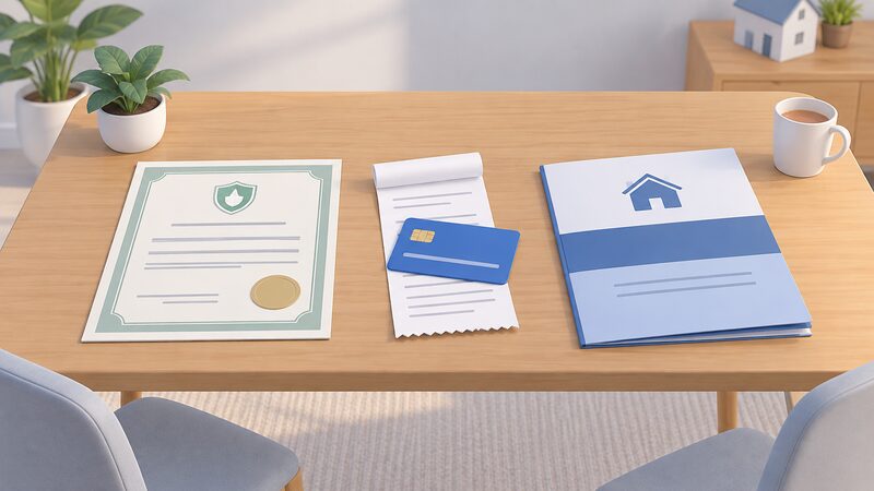 A household table laid with three separate documents side by side: a consumer code deposit protection certificate, a credit card resting on a payment receipt, and an insurance-backed guarantee folder, each showing only blank lines and plain colour bands.