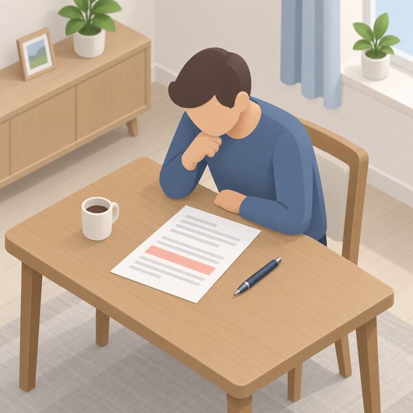 A contract document lying on a household table beside a pen, with a plain colour band marking the deposit clause, as a householder leans over reading it before signing.