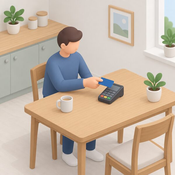 A simplified isometric figure at a kitchen table holds a plain credit card over a small payment terminal, showing a household paying an installer's deposit by credit card to gain section 75 protection.