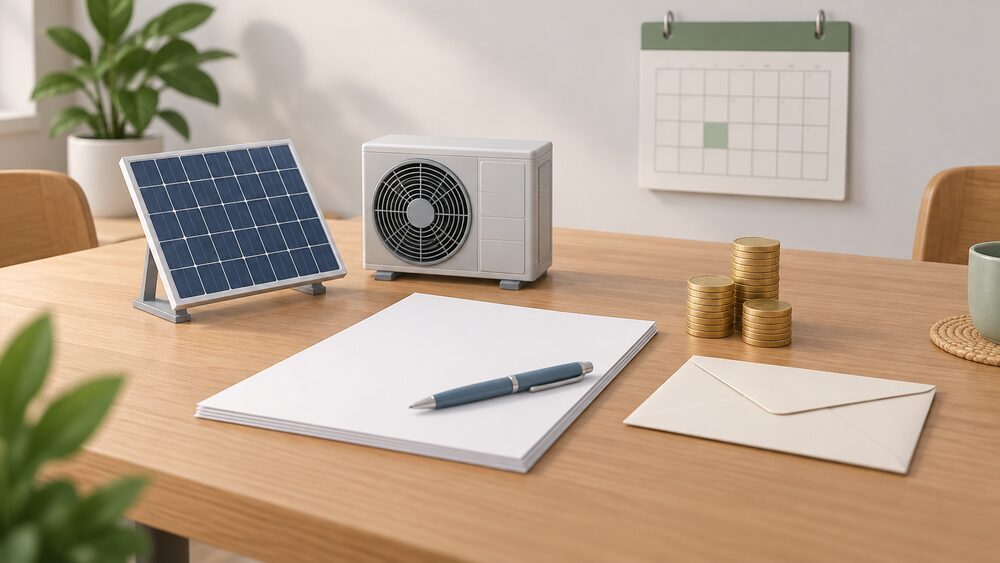 A kitchen table with blank contract paperwork and a pen, a small model of a solar panel and a heat pump standing beside it, a stack of coins and a sealed envelope, and a wall calendar behind, representing money paid up front for home energy work.