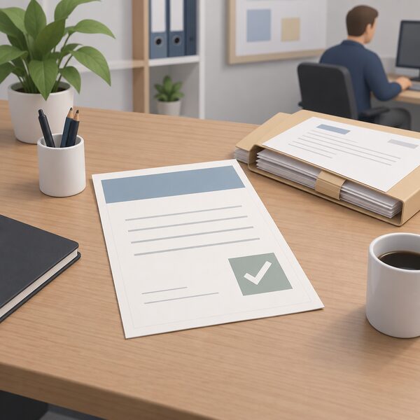 A paper membership certificate lying on a desk in an installer's office, shown as a physical document with a plain header band, a simple approval mark block and blank lines, beside a folder of job paperwork.
