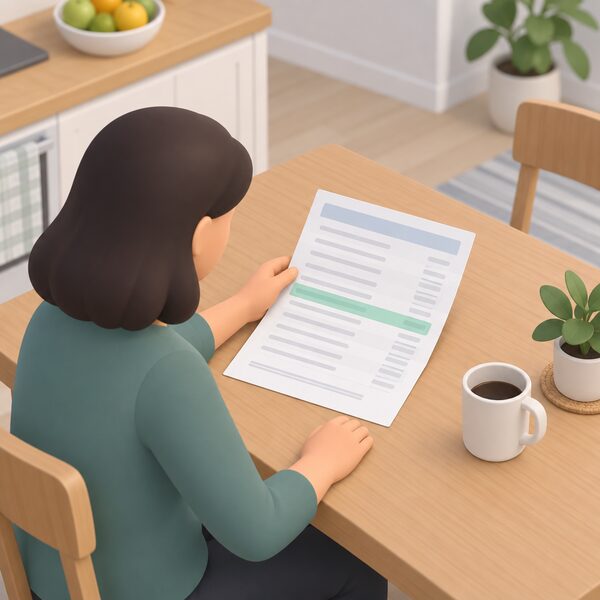 A paper bank statement lying on a kitchen table beside a householder's hand, its page showing plain blank lines and a plain colour band marking a separate client account entry, with no readable words or numbers.