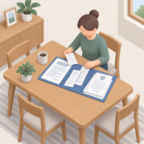 A home dining table with an open folder holding a contract, several payment receipts and written guarantee sheets laid out flat, with a simplified isometric figure seated sorting the papers into order.
