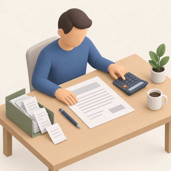 A householder's hand rests on a paper contract spread on a desk beside a calculator, with a pen and a small file folder of receipts nearby, showing the documentary checks done before any deposit is paid.