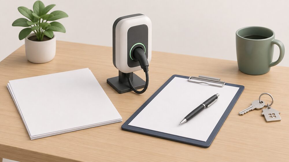 A small model of a domestic electric vehicle chargepoint sits on a table beside blank quote paperwork, a clipboard with a pen, and a house key, suggesting the moment of checking an installer's credentials before signing a home chargepoint contract.