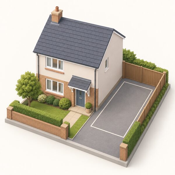 A small house with a private driveway beside it, marked out as one clearly defined off-street parking space with a simple boundary, an empty space ready for a chargepoint, and no on-street parking shown.