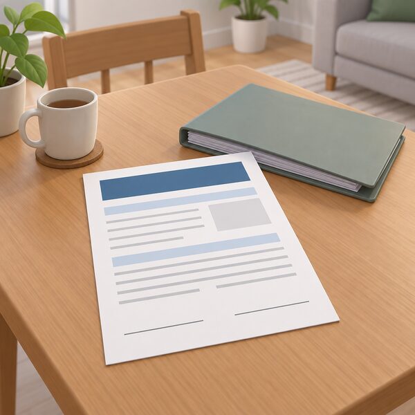 A completed Electrical Installation Certificate shown as a physical document lying on a table in a home, with blank signature lines and plain colour blocks instead of readable content, beside a closed folder of kept paperwork.