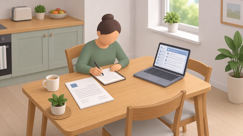 A kitchen table with a dated complaint letter, a phone or laptop showing a plain email trail, and a notebook where a small isometric householder writes the date the complaint was first raised with the supplier.