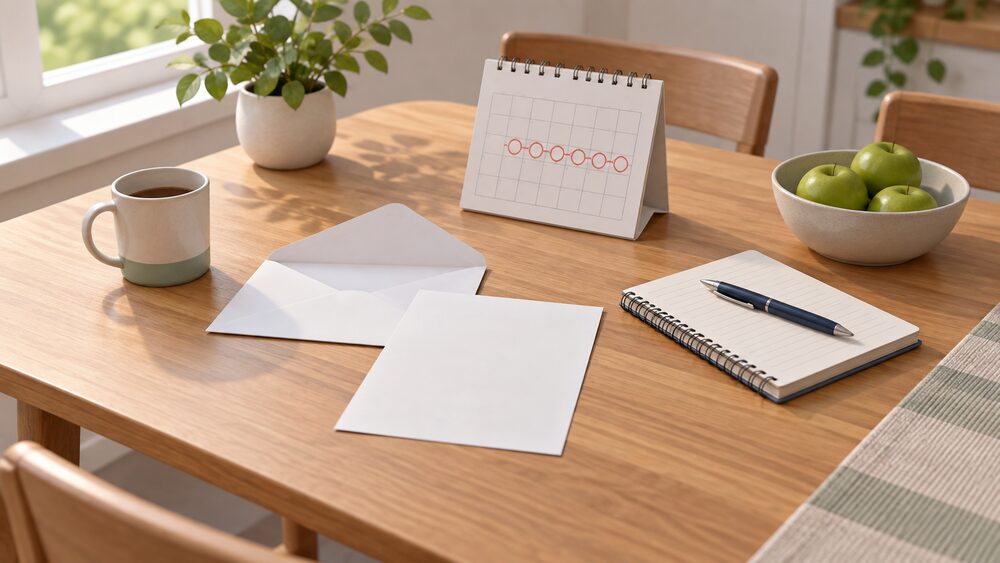 A kitchen table with a sealed envelope opened beside it, a blank letter lying flat, a paper calendar with a ring of weeks marked, a pen and a small notebook recording a dated phone call, all under daylight from a nearby window.