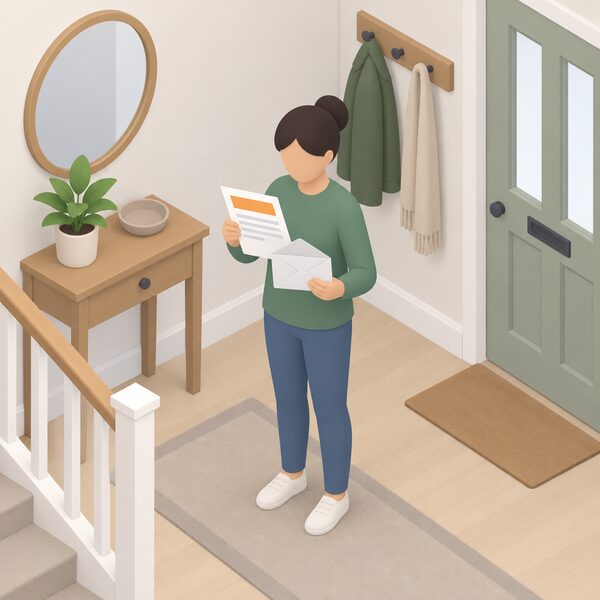 A householder standing in their hallway holding an opened envelope, with a paper deadlock letter from their energy supplier drawn in their hand or on a nearby table, its content shown only as blank lines and plain colour blocks with no readable words or figures.