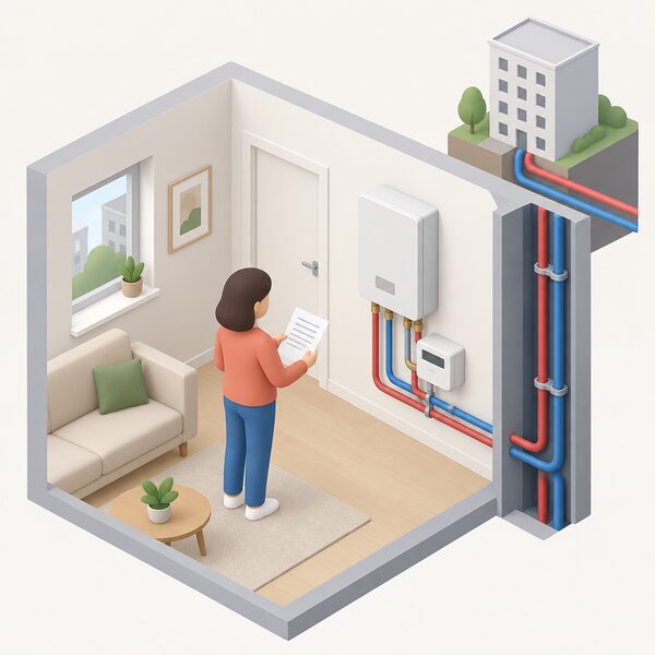 A simplified isometric resident standing in their flat beside the wall-mounted heat interface unit and heat meter that connect their home to the building's communal heat network, holding a letter, showing they buy heat from the single operator serving the building with no alternative supplier to switch to.