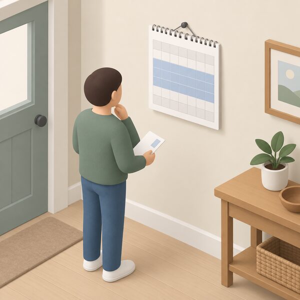 A wall calendar hanging in a home hallway, with a plain colour band marking a continuous eight-week span of days, beside a small isometric householder figure pausing to look at it while holding a complaint letter.