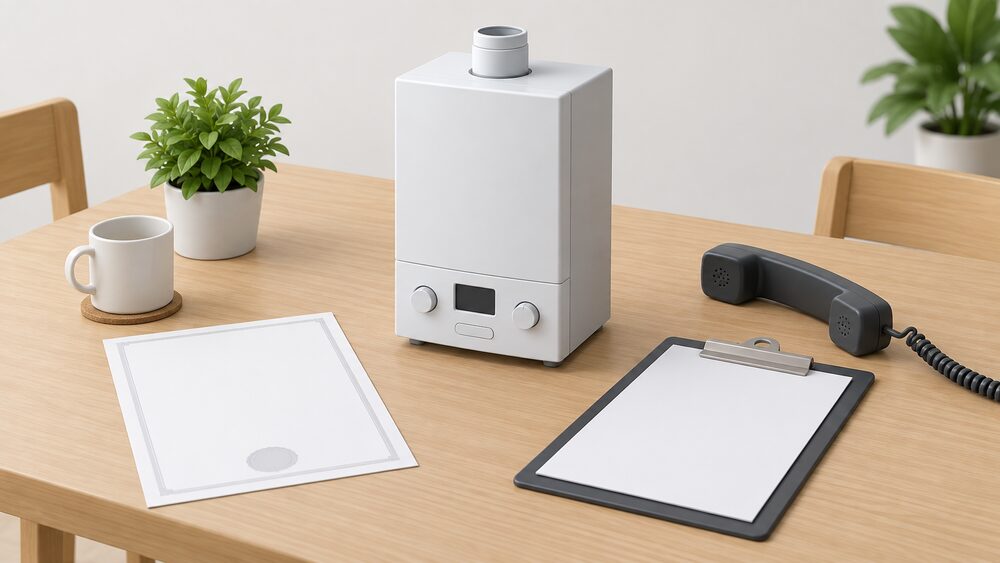 A kitchen table with a blank paper certificate and a blank application form on a clipboard, a telephone handset lying beside them, and a small model of a gas boiler standing at the centre as the work the registration claim concerns.