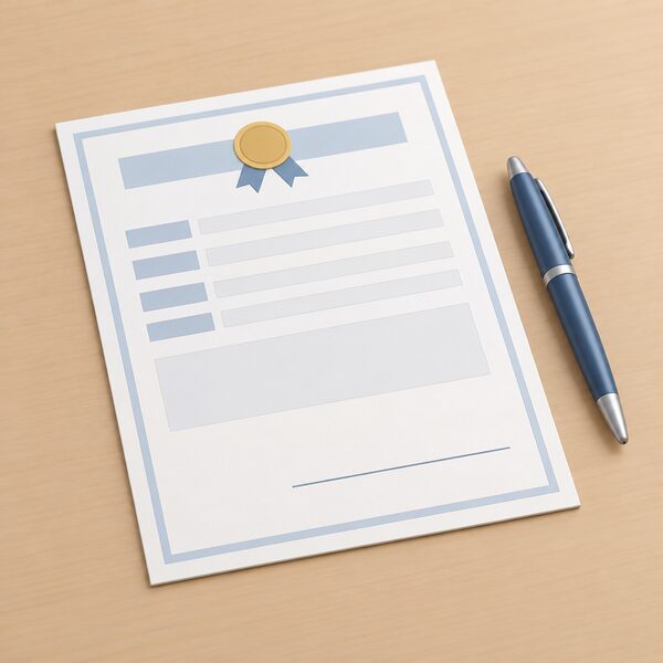 A single paper certificate form lying on a table, with blank lines and blocks for details, a signature line at the bottom, and a pen resting beside it, with no readable words or numbers anywhere on the document.