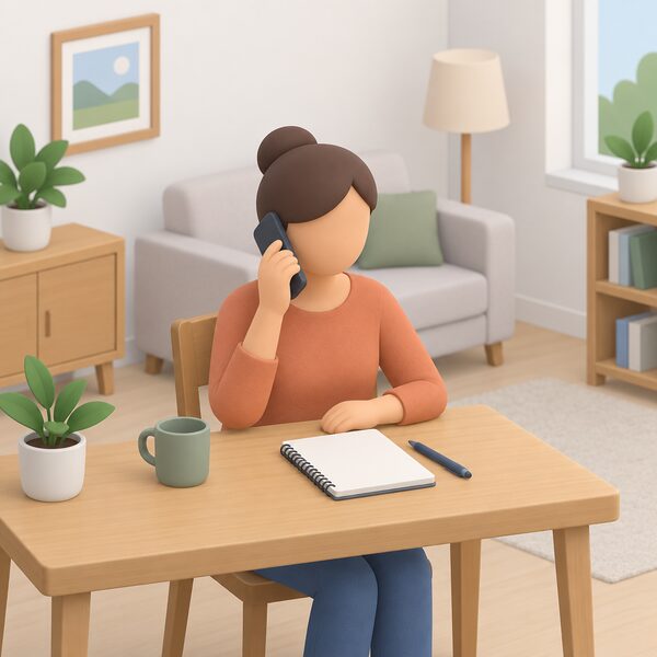 A householder at home holding a phone to their ear, checking a claimed registration via the helpline, with a notepad and pen on the table beside them ready to note the confirmation.