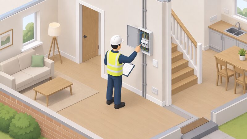 A building control inspector, shown as a simplified isometric figure, examines recently installed electrical work in a home during a regularisation visit, opening a section of the installation to inspect it while holding a clipboard.