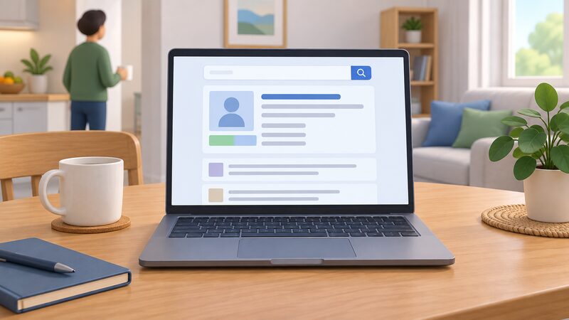 A laptop on a home table displaying a scheme register search page, with a search box and a results panel showing blank lines and plain colour blocks standing in for an installer's registration details, no readable text.