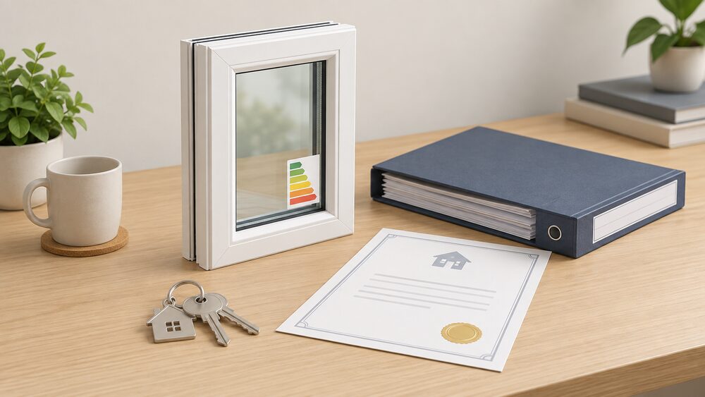 A freshly completed replacement window certificate moment on a table: a blank certificate document lies beside a small model of a double-glazed window unit with an energy rating label, a set of house keys and a solicitor's file of blank paperwork.