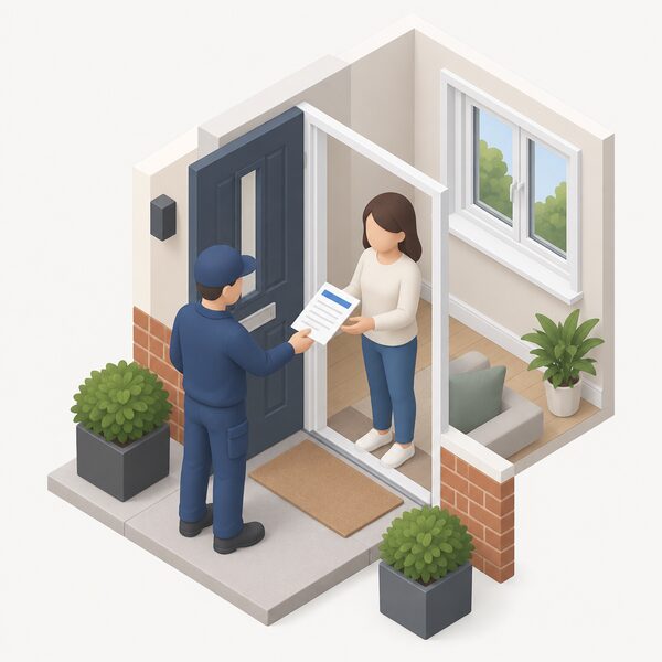 A homeowner at their front door receiving a folded completion certificate from an installer, with a newly fitted replacement window visible in the room behind and the certificate shown as a physical document with blank lines and plain colour bands instead of readable text.