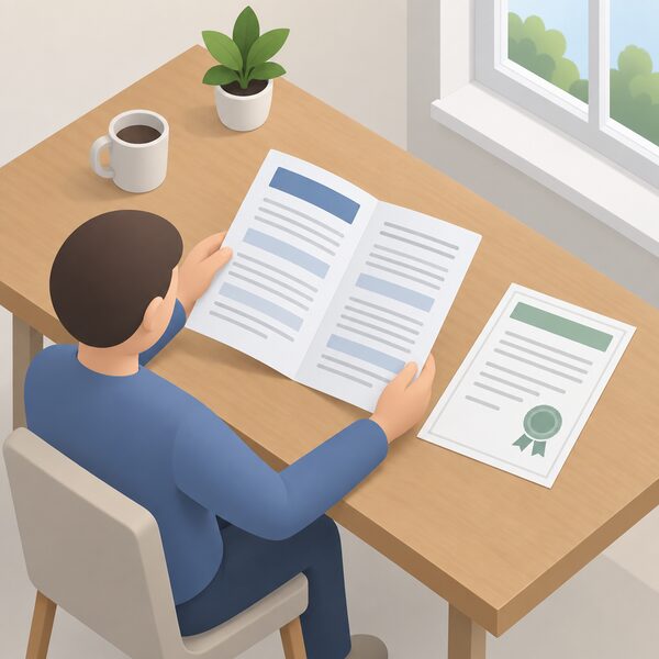 A printed insurance-backed warranty policy document lying on a table beside a window installation certificate, with a simplified isometric figure holding the policy open, its terms shown only as blank lines and plain colour bands so nothing is readable.