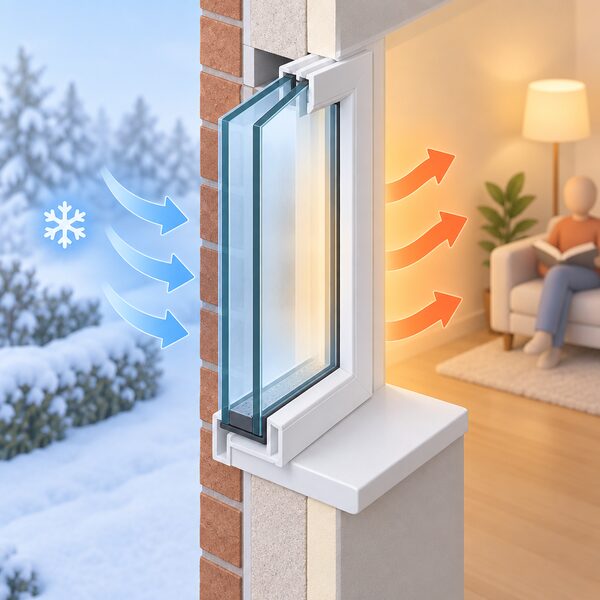 A cutaway view of a modern double glazed window set in a home's external wall, showing two panes of glass with a sealed gap between them holding warmth inside the room while cold air stays outside.