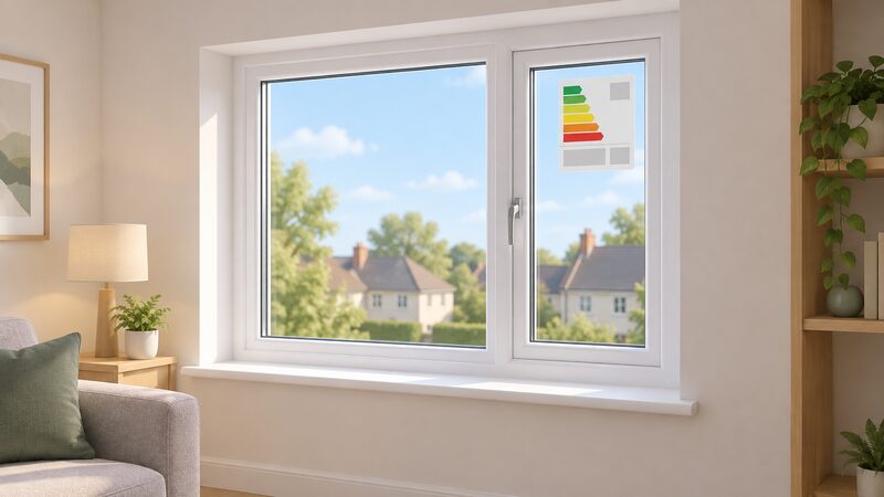 A newly fitted replacement window in a home's wall, seen from inside, with a BFRC-style energy rating label still stuck to the glass pane, tying the fresh installation to its rated performance.