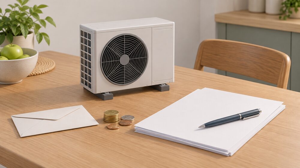 A small model of an air source heat pump fan unit stands on a kitchen table beside a stack of blank paperwork with a pen, a plain envelope, and a small pile of coins, suggesting a household weighing up finance for a heating installation.