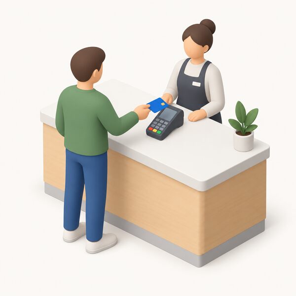 A simplified isometric figure stands at a shop or installer's counter handing a credit card to a card terminal to pay for a large purchase such as a boiler or solar installation, with the card payment shown as the moment that determines which protection applies.