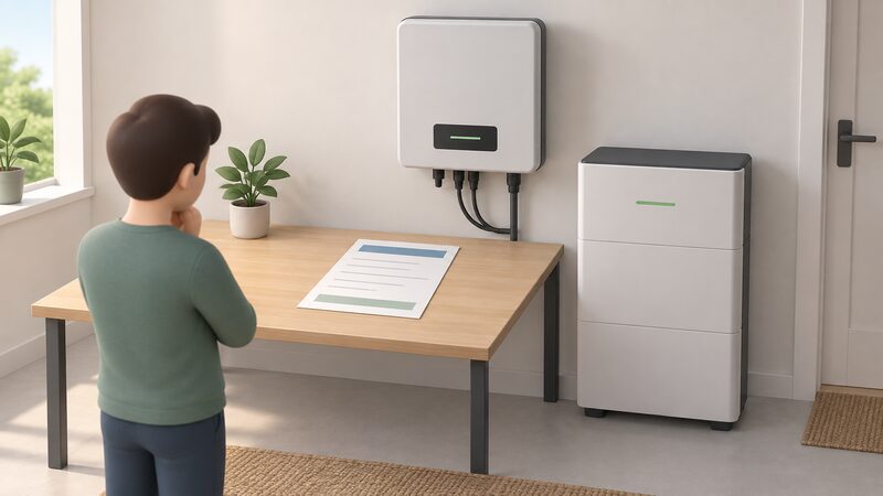 A printed Flexi-Orb certificate lying on a desk beside a domestic solar inverter and a battery storage unit, the certificate as a physical document with blank lines and plain colour bands, showing the paperwork a household receives after registration.
