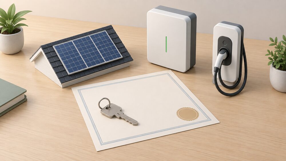 A blank certificate document lying on a table, with a small model of a rooftop solar panel, a wall-mounted battery unit and an EV charge point arranged beside it, and a house key resting on the paperwork.