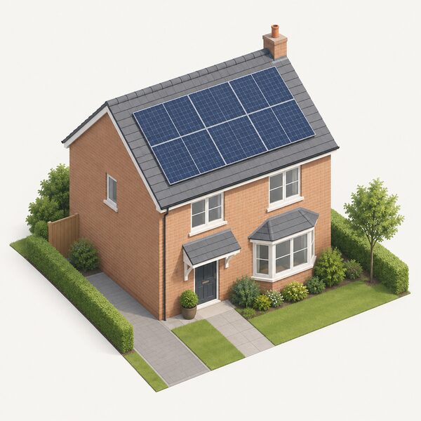 A simplified isometric view of a domestic house with solar photovoltaic panels fitted on its pitched roof, shown from above at an angle so the panel array on the roof slope is clearly visible, with no other technologies from the scheme shown.