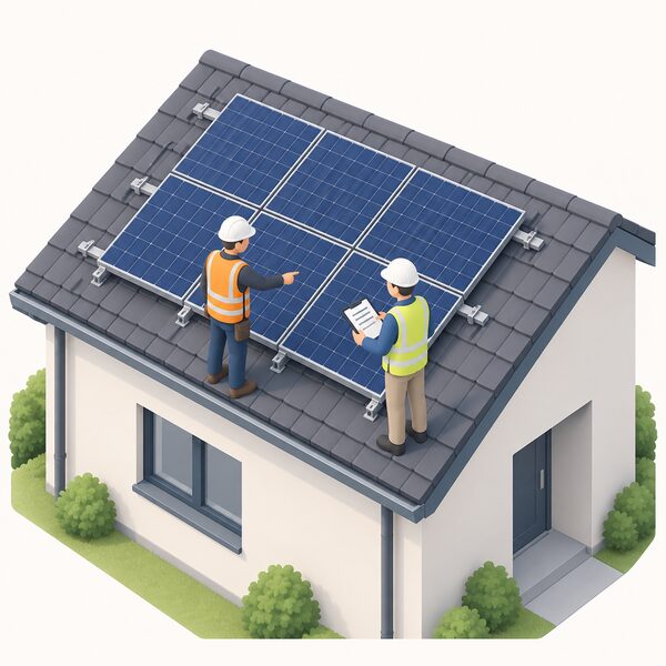 An assessor with a clipboard stands beside a certified installer on a house roof, inspecting a completed solar PV panel array and its mounting, while the installer points out the work and the assessor checks it against notes on the clipboard.