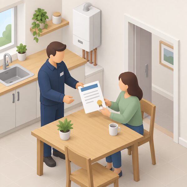 A homeowner at a kitchen table holding an insurance-backed guarantee document handed over after an installation, shown as a physical certificate with blank lines and plain colour bands, with the installed heating equipment visible in the background.