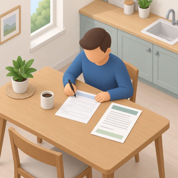 A homeowner at a kitchen table completing a request form for an additional copy of their installation certificate, with the certificate itself shown as a physical document beside the form, its content indicated only by blank lines and plain colour bands.