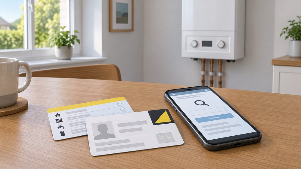 A Gas Safe ID card lying flat on a kitchen table beside a mobile phone used to check the register, with a wall-mounted gas boiler visible on the wall behind, all in daylight.